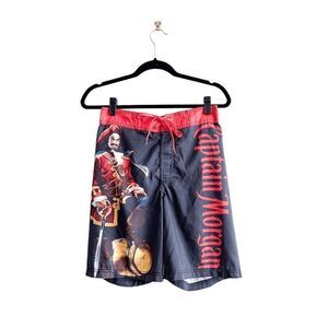 Captain Morgan Mens Drawstring Board Shorts Swimming Trunks Red Black Small